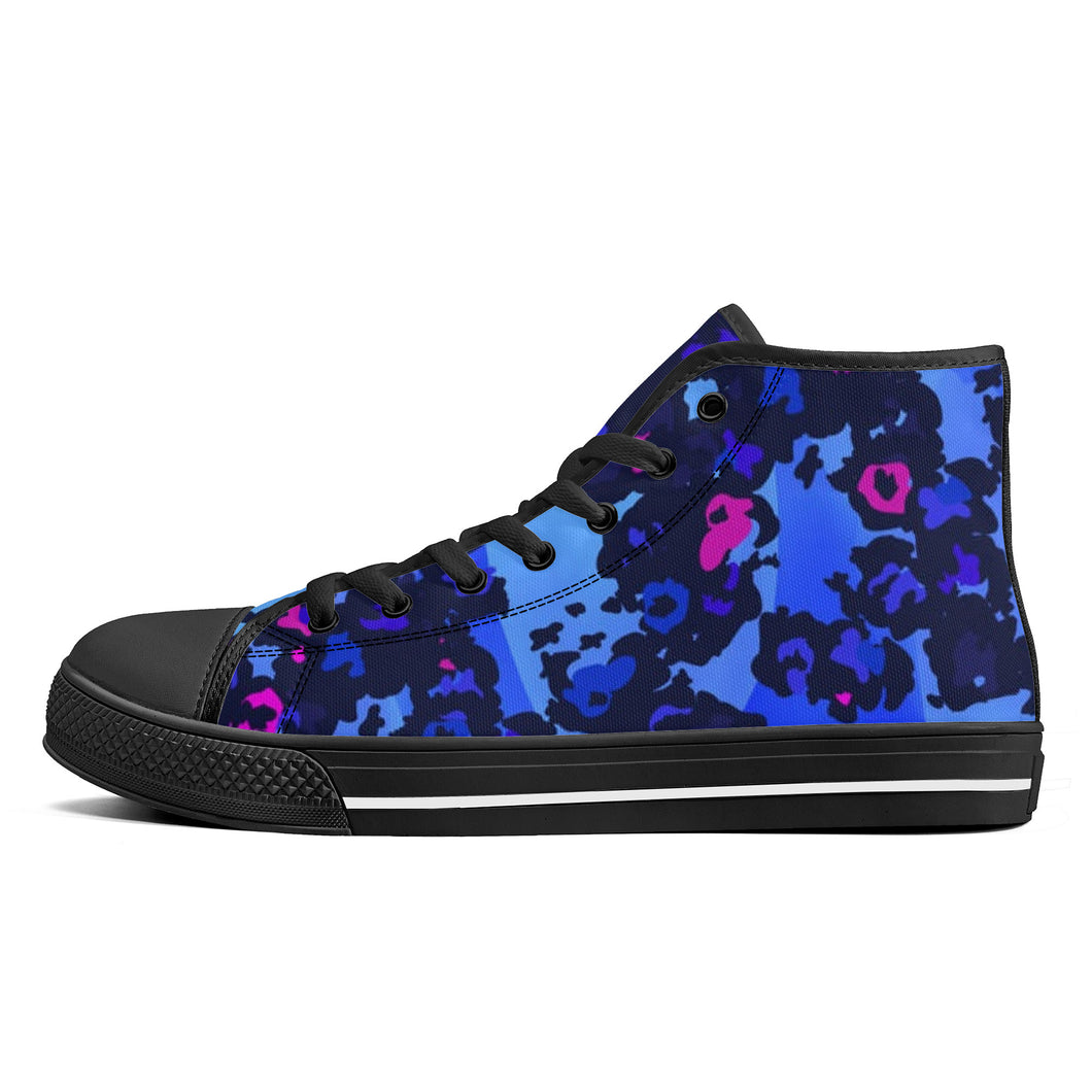 Ti Amo I love you - Exclusive Brand - Malibu, Royal Blue, Persian Blue, Red Violet Pattern - High-Top Canvas Shoes - Black