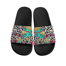 Load image into Gallery viewer, Ti Amo I love you  - Exclusive Brand - White with Kabul Spots &amp; Puerto Rico &amp; Medium Red Violet Leopard Pattern - Slide Sandals - Black Soles
