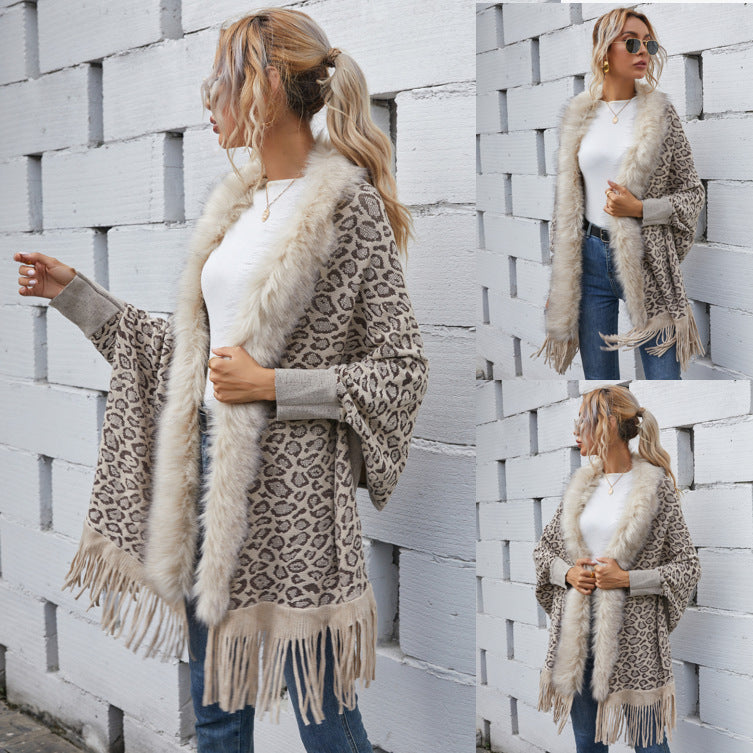 Womens Leopard Sweater Autumn / Winter Wool Collar Cardigan Shawl Knitted Coat