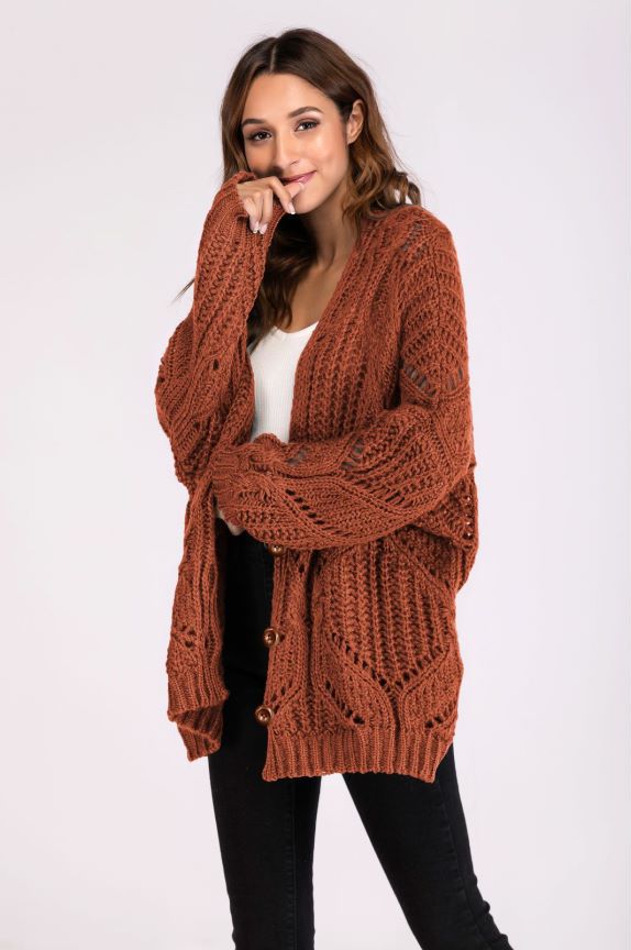 Womens - V neck Long Sleeve Hollow Out Cutout Loose  Knit Sweater