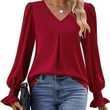 Load image into Gallery viewer, Women Clothing Autumn Winter Solid Color Chiffon Shirt V Neck Pullover Horn Long Sleeve Top Shirt
