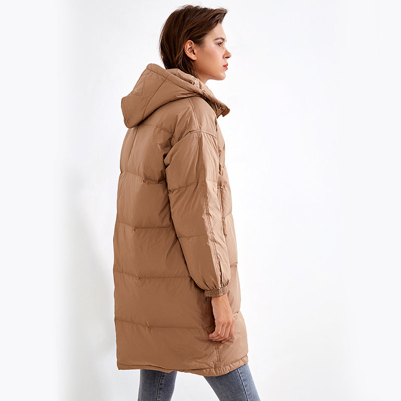 Womens Zipper Outdoor Thick Medium Length Hooded Down Jacket - Sizes S-XL