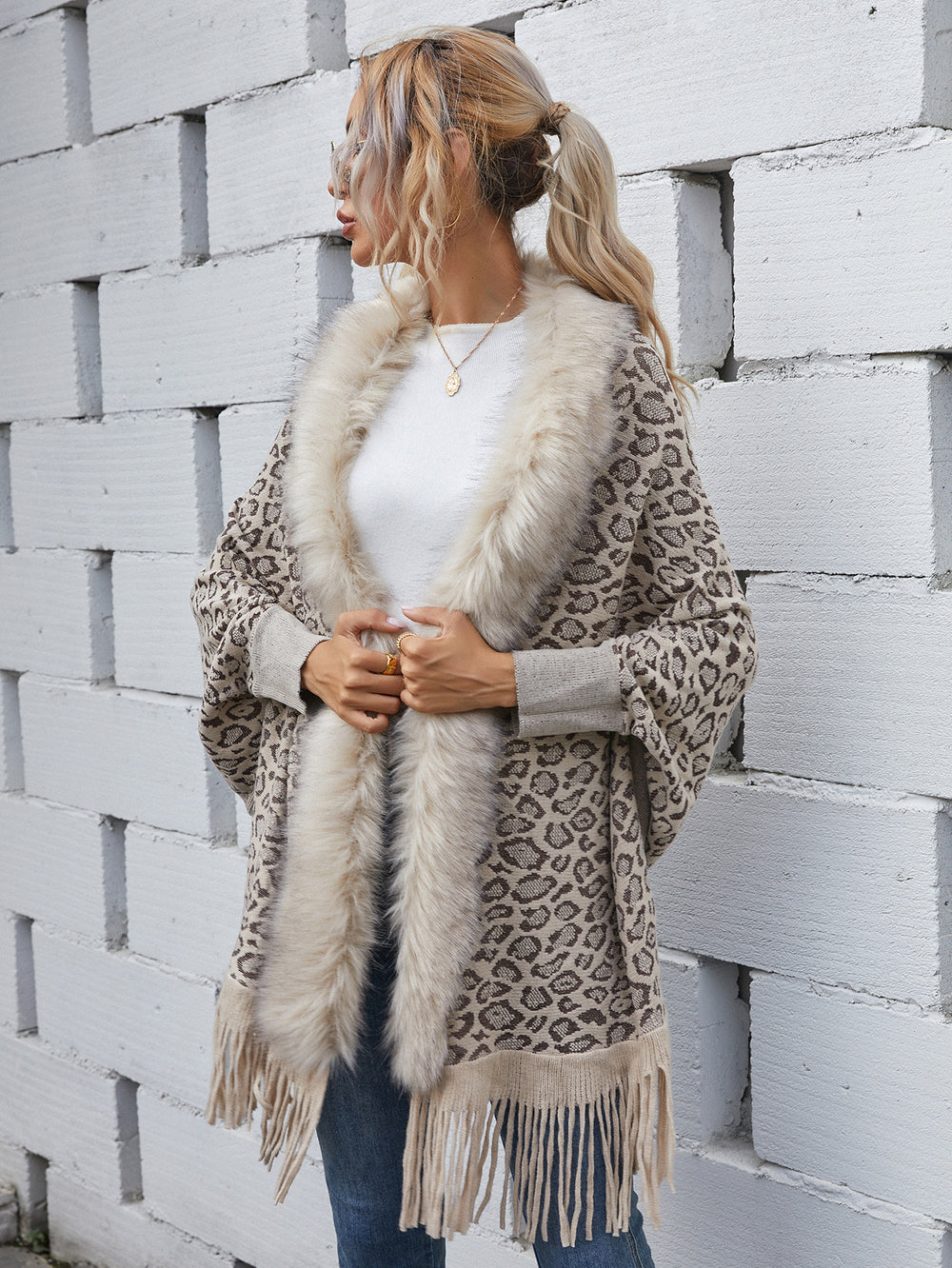 Womens Leopard Sweater Autumn / Winter Wool Collar Cardigan Shawl Knitted Coat