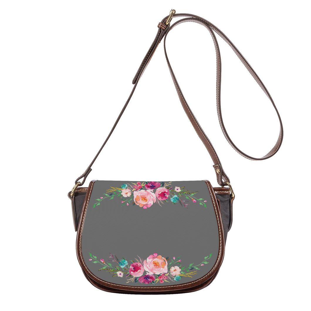 Ti Amo I love you - Exclusive Brand  - Dove Gray - Pink Floral -  Saddle Bag