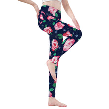 Load image into Gallery viewer, Ti Amo I love you - Exclusive Brand - Navy with Cabbage Roses - Womens / Teen Girls / Womens Plus Size - Yoga Leggings - SiEs XS-3XL
