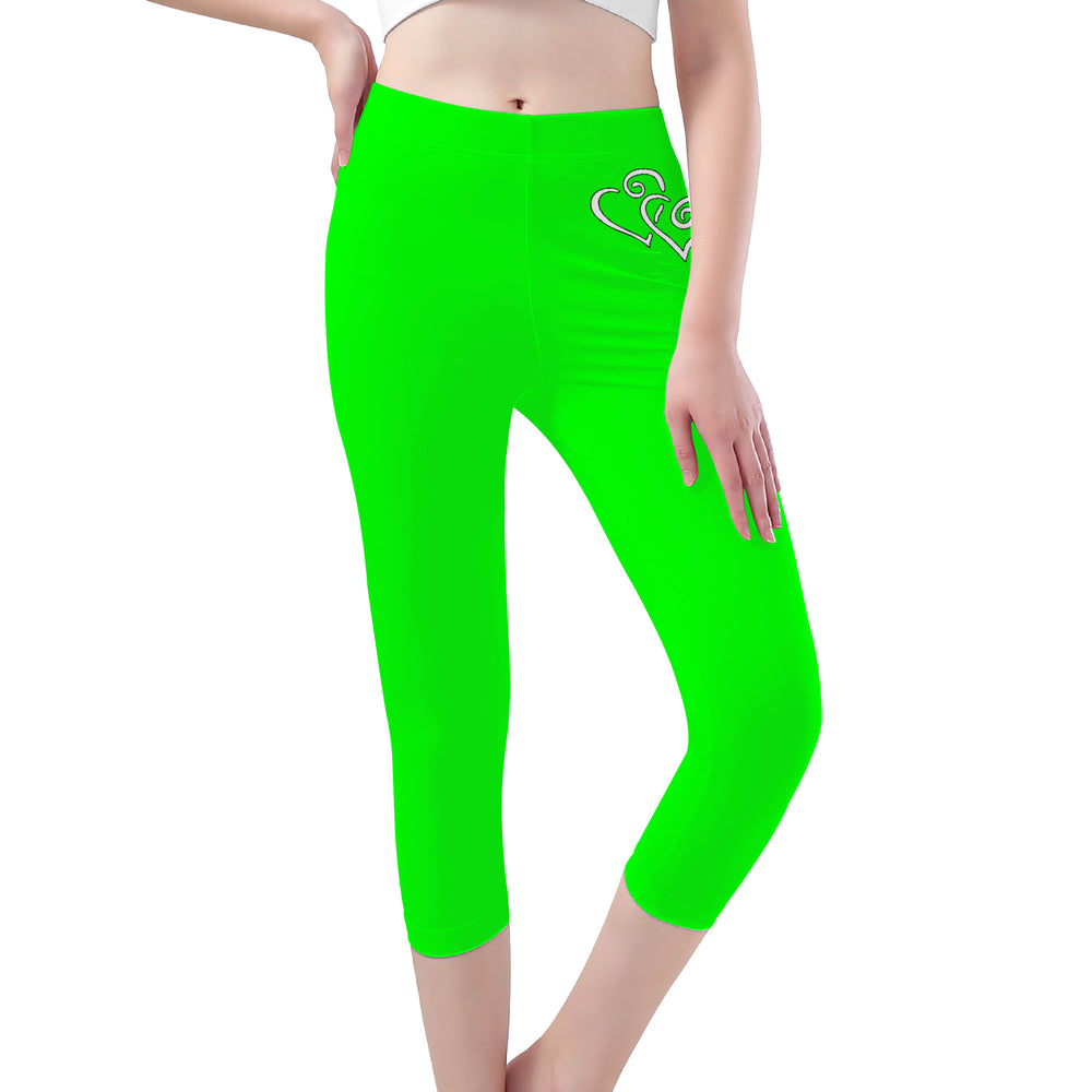 Ti Amo I love you - Exclusive Brand - Green- Double White Heart -Womens / Teen Girls / Womens Plus Size - Capri Yoga Leggings - Sizes XS-3XL