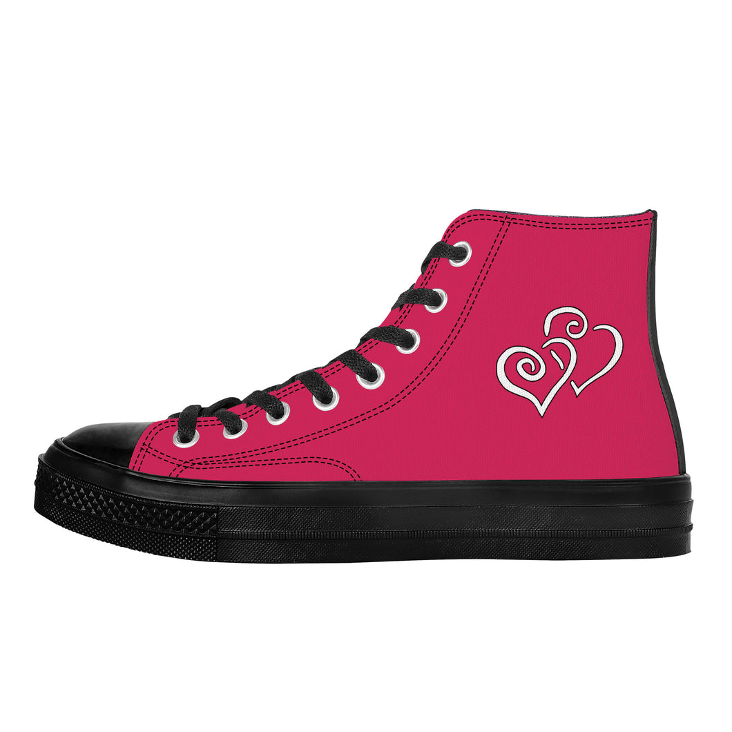 Ti Amo I love you - Cerise Red 2 - Double White Heart - High Top Canvas Shoes - Black  Soles