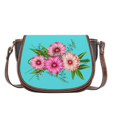 Load image into Gallery viewer, Ti Amo I love you - Exclusive Brand - Medium Turquoise Blue - Pink Floral - Saddle Bag
