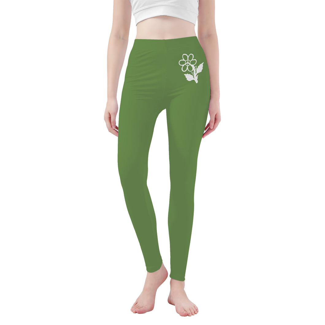 Ti Amo I love you - Exclusive Brand   - Asparagus - White Daisy -  Yoga Leggings