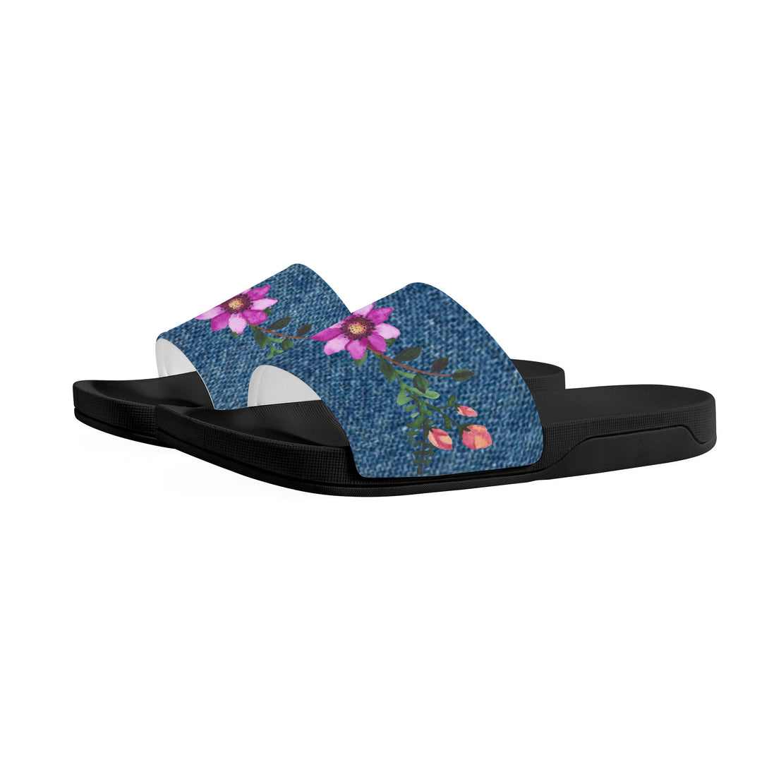 Ti Amo I love you  - Exclusive Brand  - Denim Look - Floral -  Womens / Children  / Youth  - Slide Sandals - Black Soles