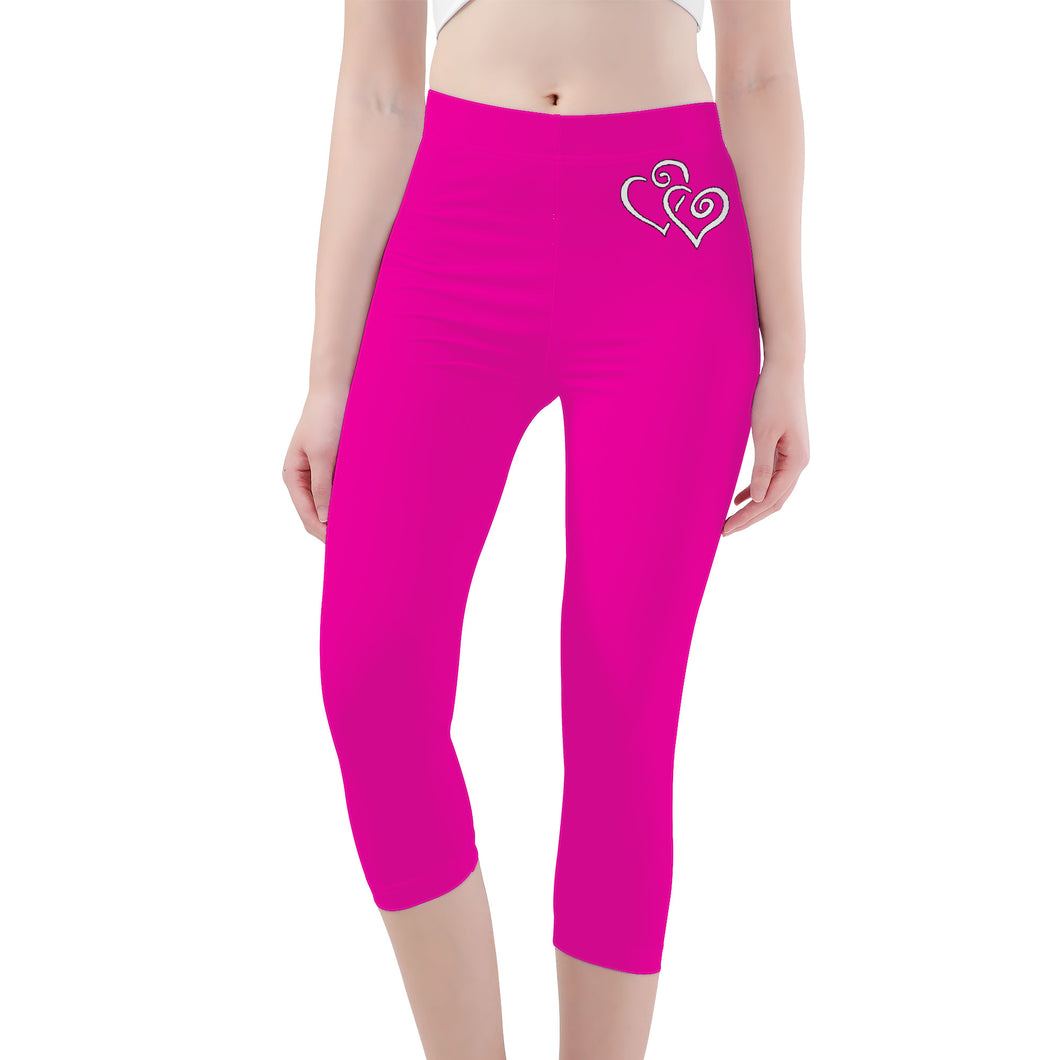 Ti Amo I love you - Exclusive Brand - Hollywood Cerise - Double White Heart - Womens / Teen Girls / Womens Plus Size - Capri Yoga Leggings - Sizes XS-3XL