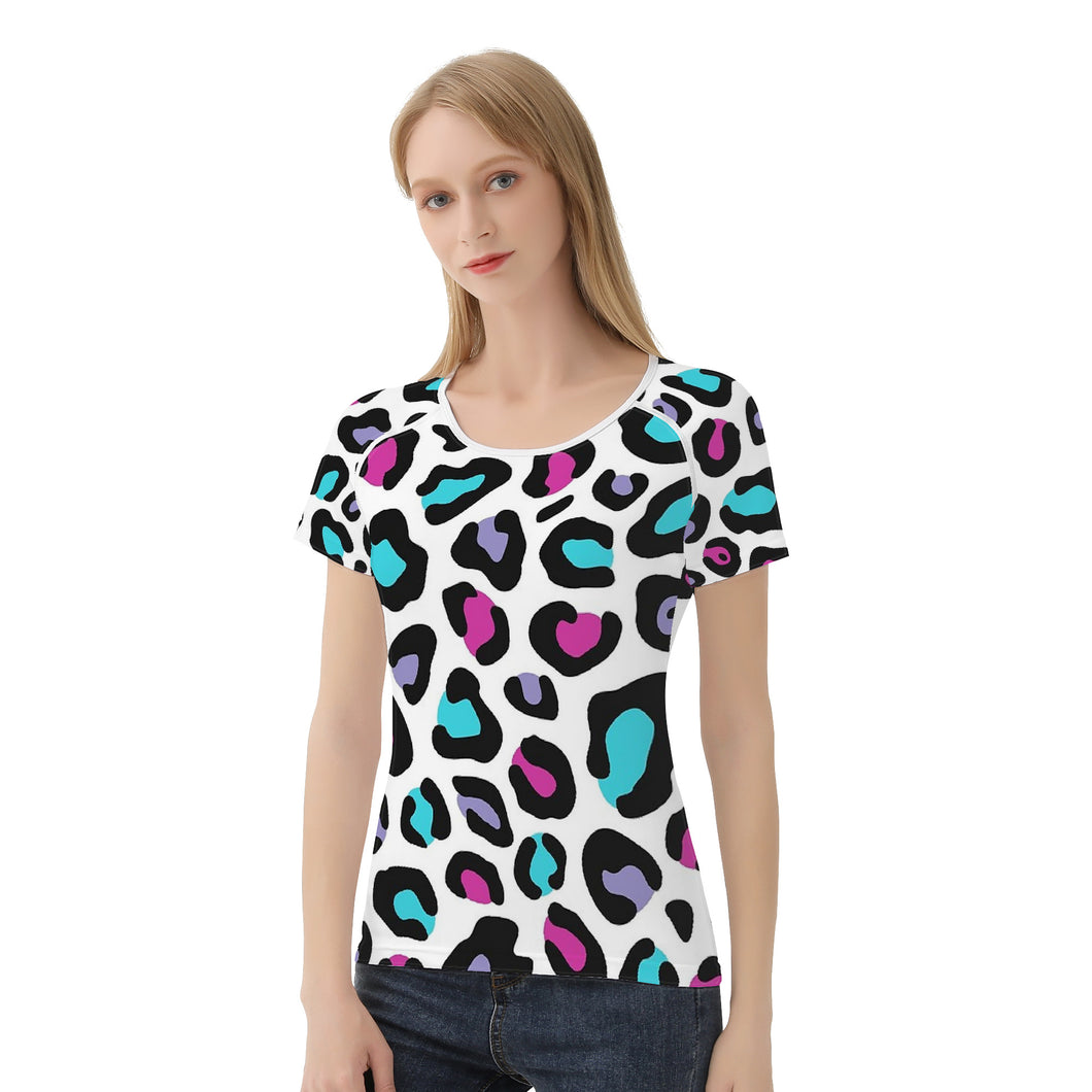 Ti Amo I love you - Exclusive Brand  - White with Cerise - Picton Blue & Manatee Animal Pattern - Women's T Shirt