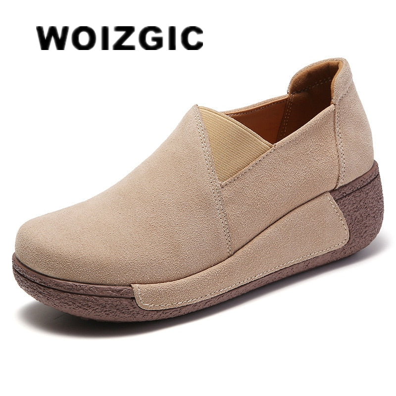 WOIZGIC Womens Female Genuine Leather Shoes Platform Flats Loafter Slip On  Vulcanized Shoes