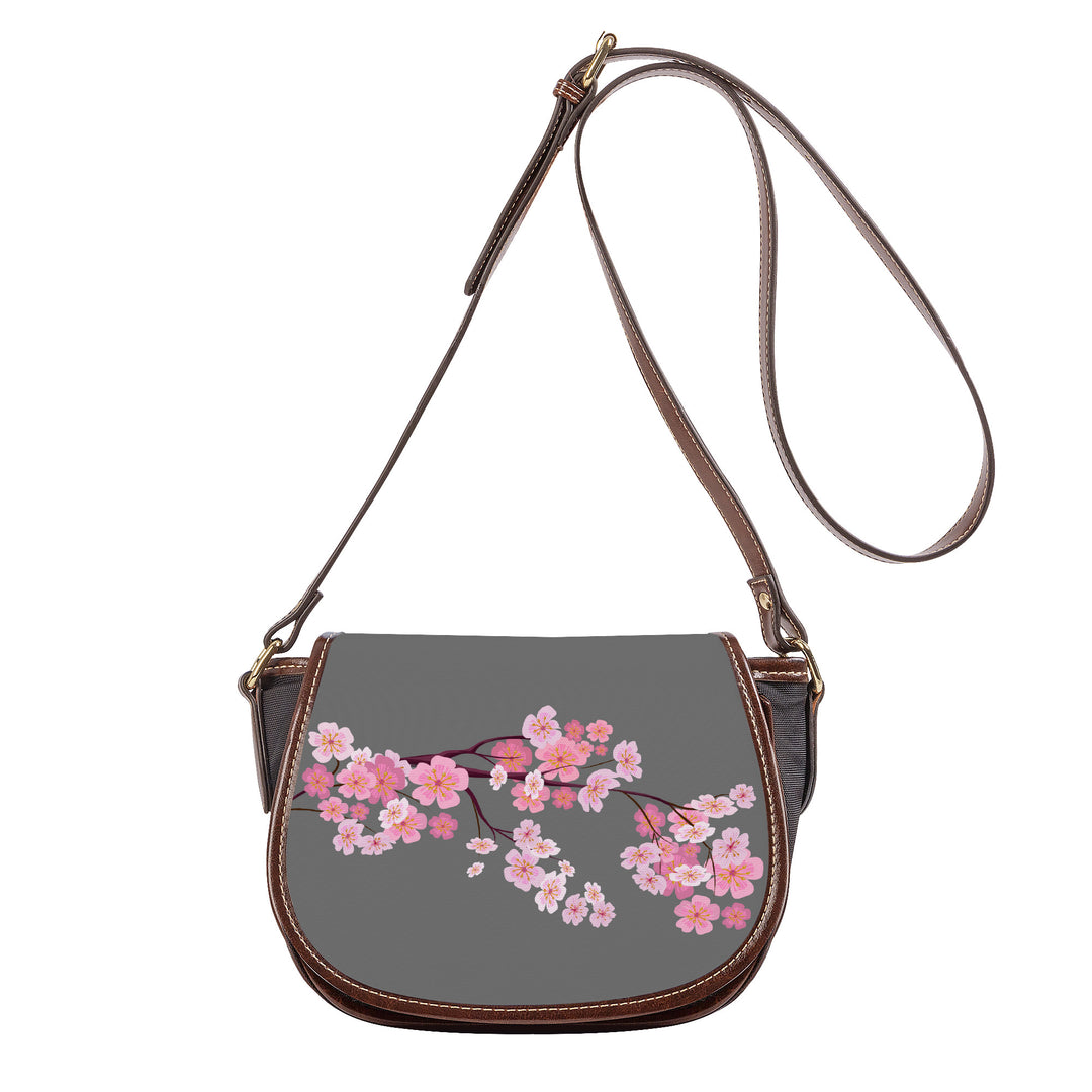 Ti Amo I love you - Exclusive Brand  - Dove Gray - Pink Floral Branch - Saddle Bag