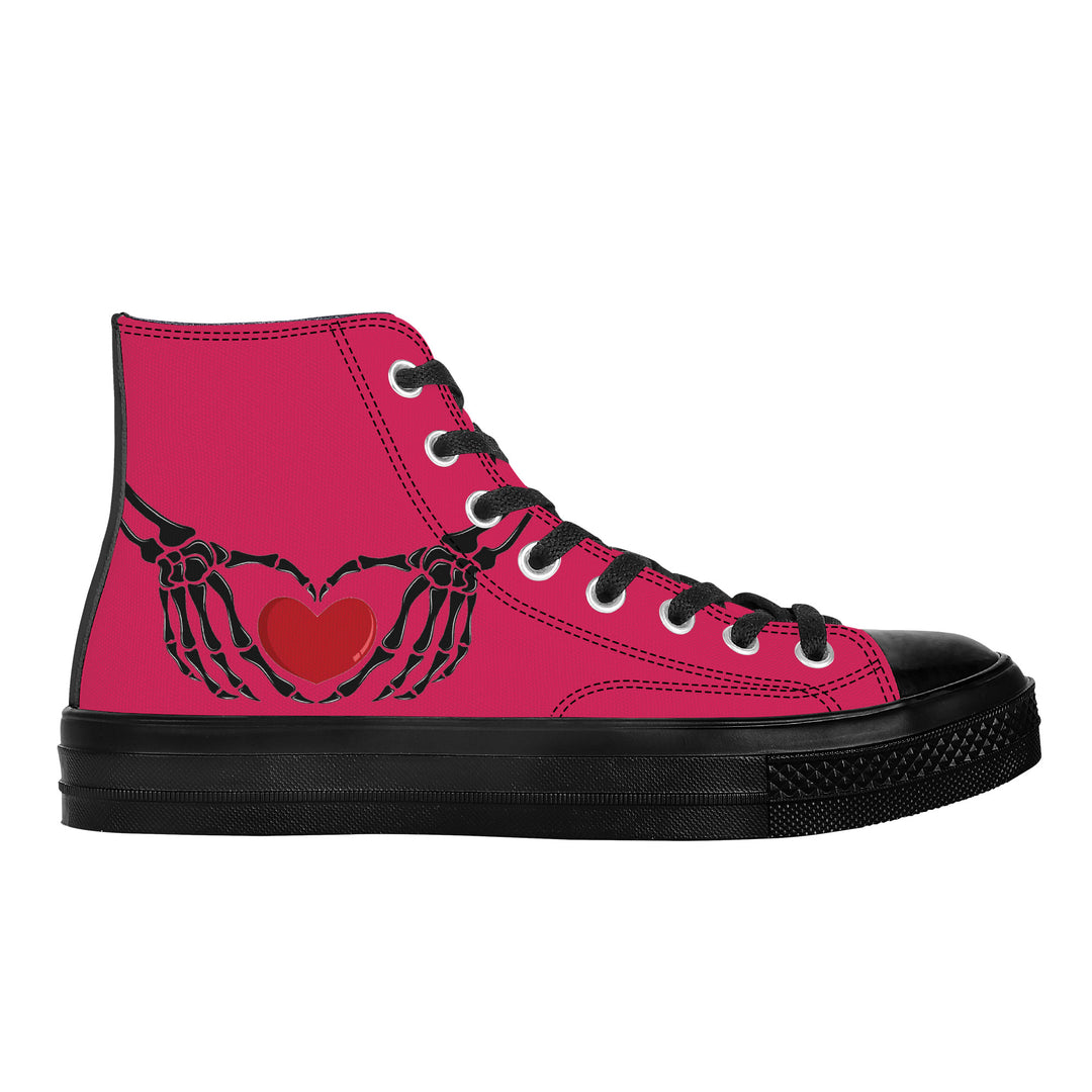 Ti Amo I love you - Exclusive Brand - Cerise Red 2 - Skeleton Hands with Heart - High Top Canvas Shoes - Black  Soles
