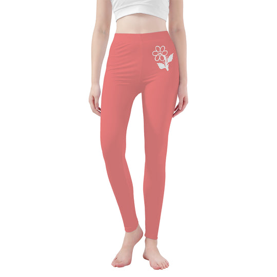 Ti Amo I love you - Exclusive Brand   - Light Coral 2 - White Daisy -  Yoga Leggings