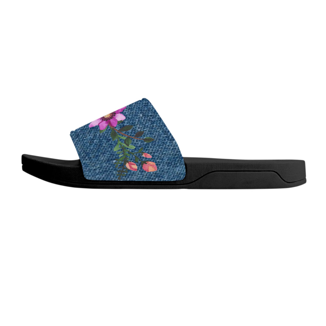 Ti Amo I love you  - Exclusive Brand  - Denim Look - Floral -  Womens / Children  / Youth  - Slide Sandals - Black Soles