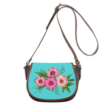 Load image into Gallery viewer, Ti Amo I love you - Exclusive Brand - Medium Turquoise Blue - Pink Floral - Saddle Bag
