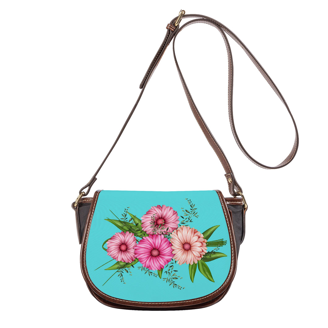 Ti Amo I love you - Exclusive Brand - Medium Turquoise Blue - Pink Floral - Saddle Bag