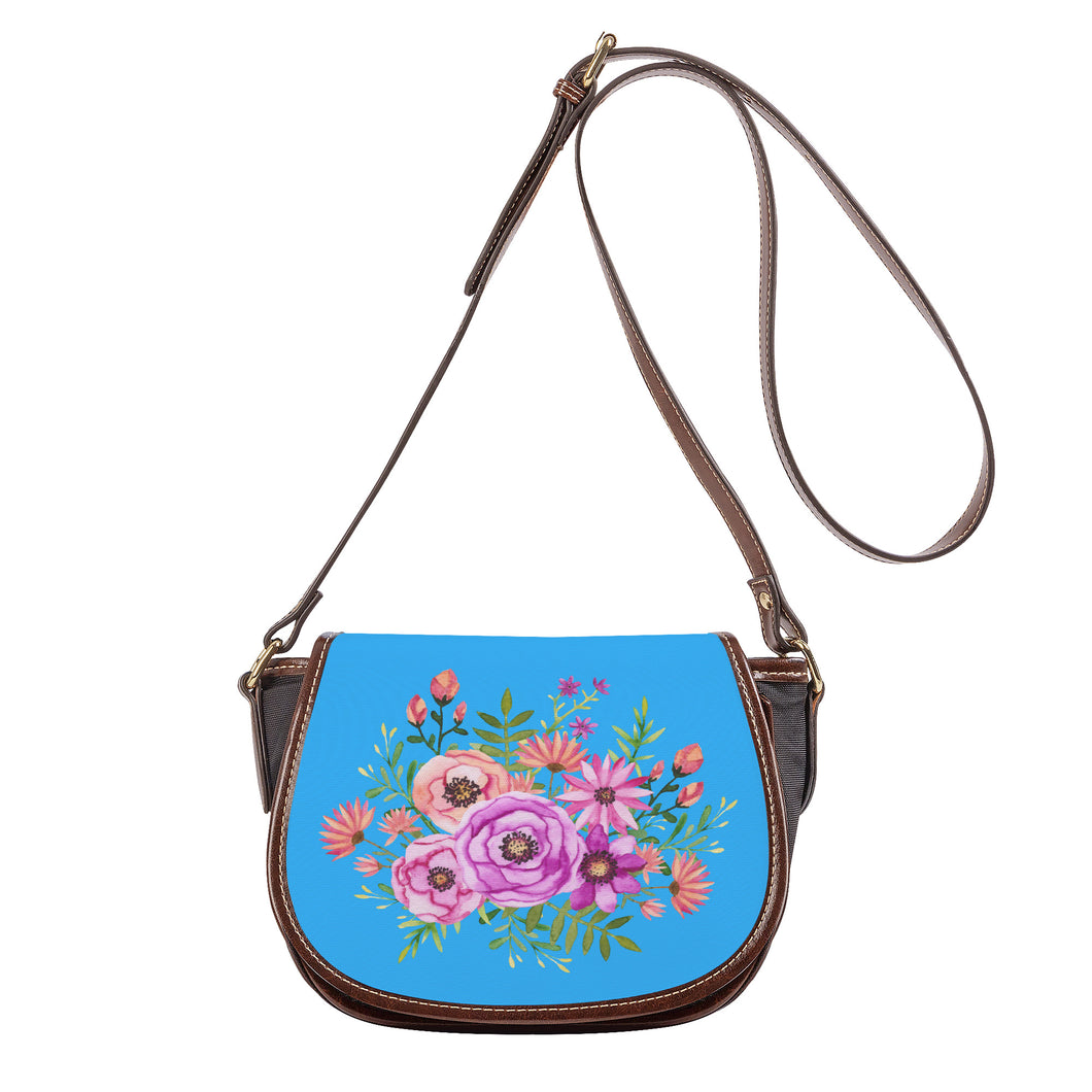 Ti Amo I love you - Exclusive Brand - Medium Cyan Blue - Floral Bouquet - Saddle Bag