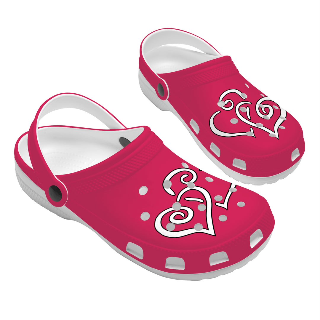 Ti Amo I love you - Exclusive Brand - Cerise Red 2 - Double White Heart - Womens Classic Clogs - Sizes 5-14.5