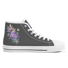 Load image into Gallery viewer, Ti Amo I love you  - Exclusive Brand - Dark Gray with Pink &amp; Purple Flowers High-Top Canvas Shoes - White
