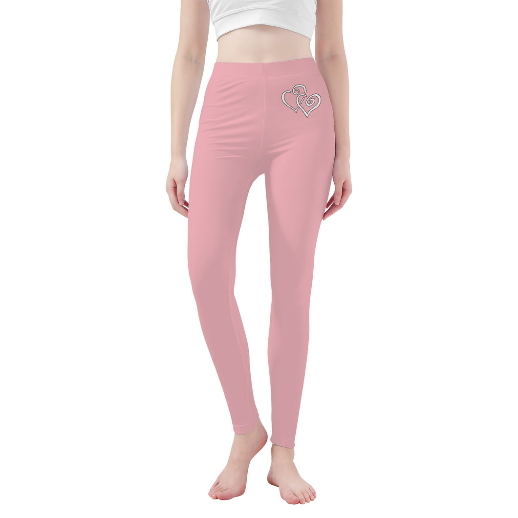 Ti Amo I love you - Exclusive Brand  - Mandys Pink - Double White Heart - Womens / Teen Girls  / Womens Plus Size  - Yoga Leggings - Sizes XS-3XL