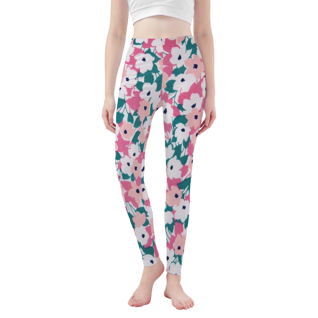 Ti Amo I love you - Exclusive Brand - Pink & Teal Floral - Womens / Teen Girls / Womens Plus Size - Yoga Leggings - Sizes XS-3XL