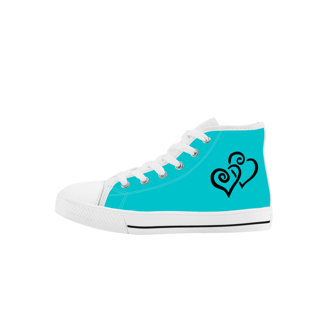 Ti Amo I love you - Exclusive Brand - Vivid Cyan (Robin's Egg Blue) - Double Black Heart - Kids High Top Canvas Shoes
