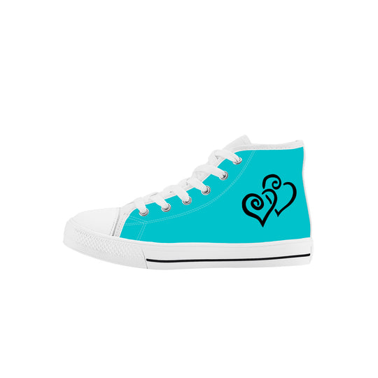 Ti Amo I love you - Exclusive Brand - Vivid Cyan (Robin's Egg Blue) - Double Black Heart - Kids High Top Canvas Shoes