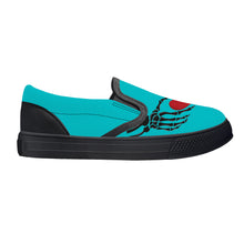 Load image into Gallery viewer, Ti Amo I love you - Exclusive Brand  - Vivid Cyan (Robin&#39;s Egg Blue) - Skeleton Hands with Heart  -  Kids Slip-on shoes - Black Soles
