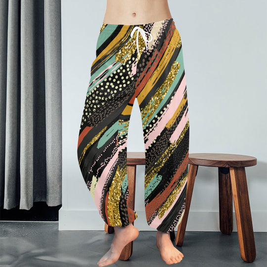 Ti Amo I love you  - Exclusive Brand - Black with Colorful Horizontal Stripes - Women's Harem Pants - Sizes XS-2XL