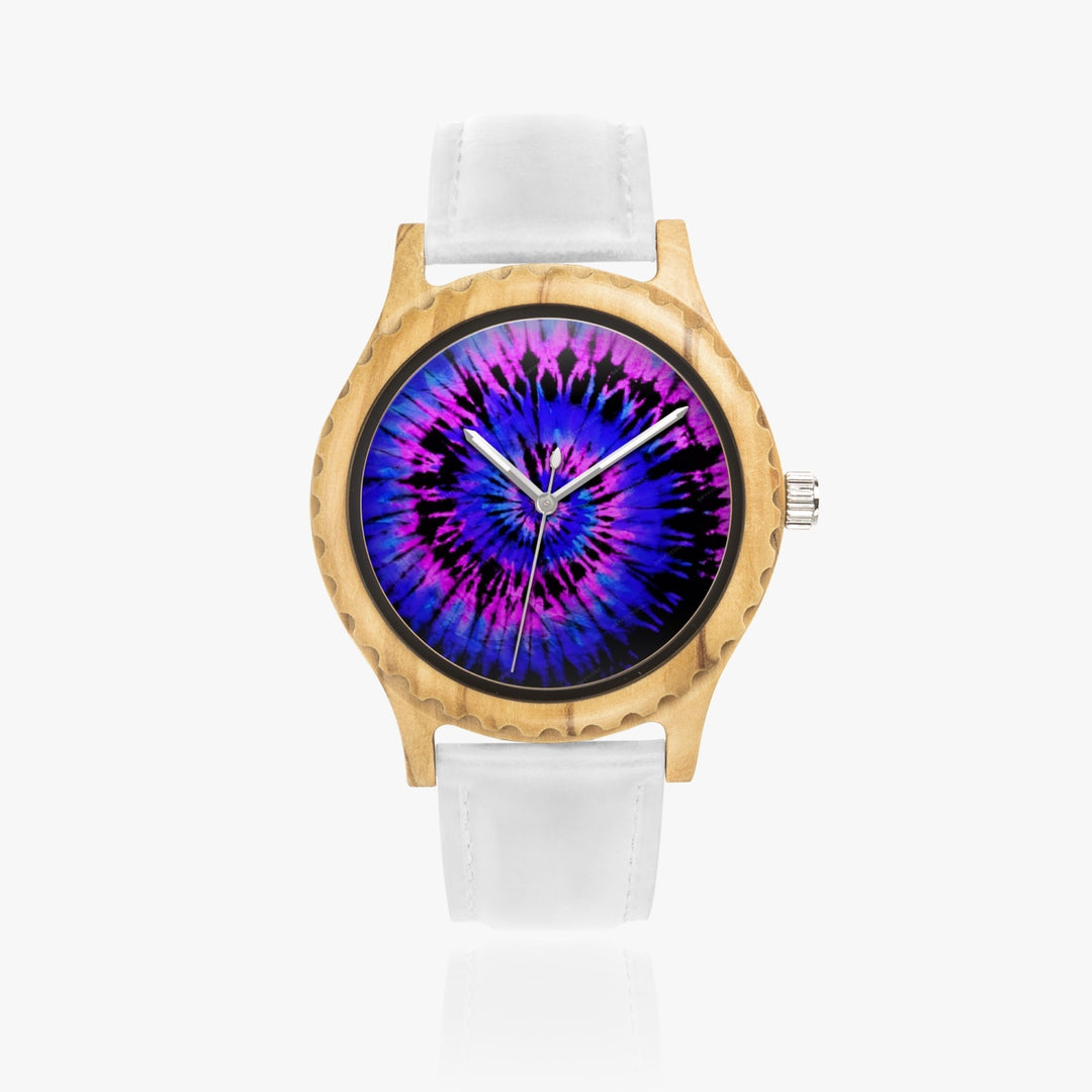 Ti Amo I love you - Exclusive Brand - Persian Blue & Heliotrope - Tie-Dye - Unisex Designer Italian Olive Wood Watch - Leather Strap 45mm White