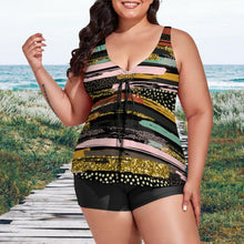 Load image into Gallery viewer, Ti Amo I love you - Exclusive Brand - Black with Cavern Pink, Oxley 2 &amp; Equator Stripes - Women&#39;s Plus Size Split 2pc Swimsuit - Sizes XL-6XL
