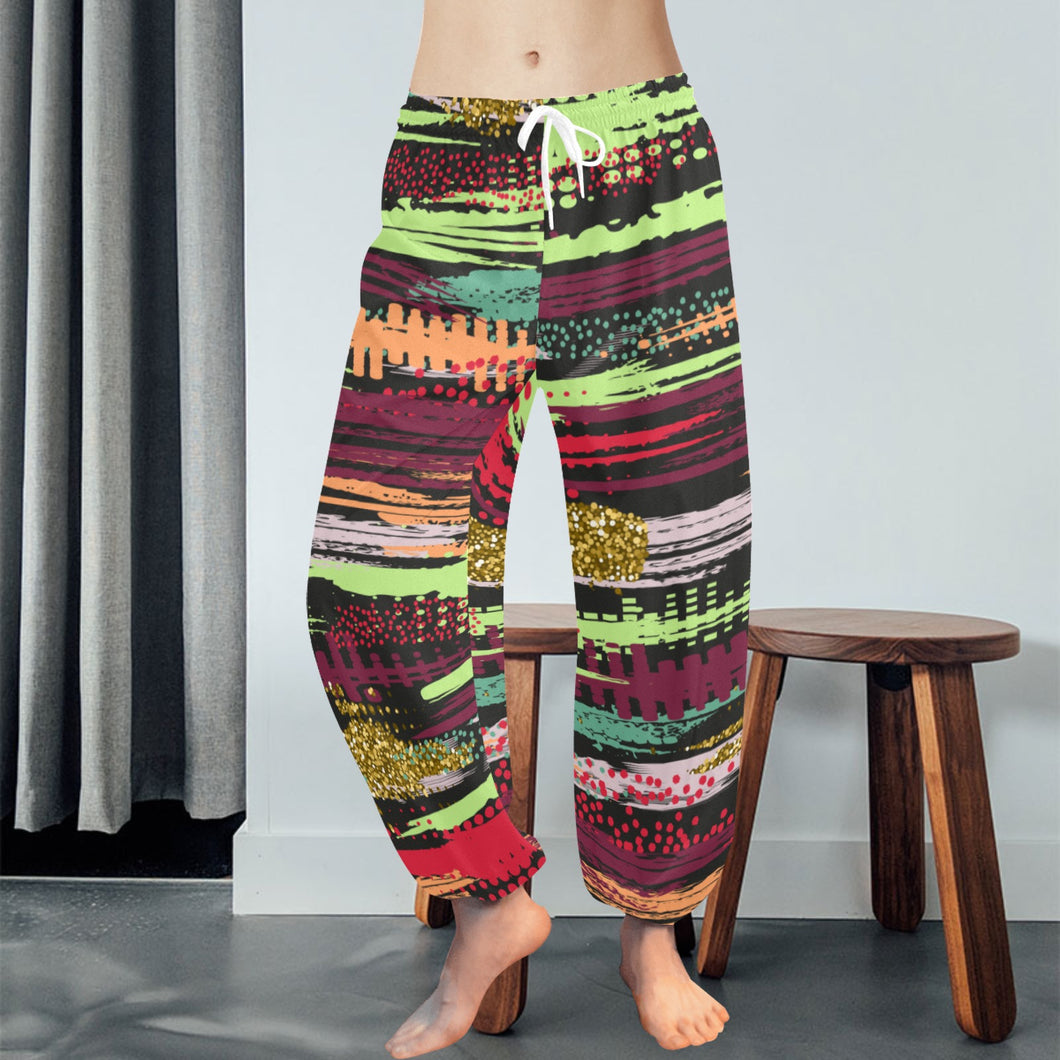 Ti Amo I love you  - Exclusive Brand  - Green Horizontal Colorful Stripes -  Women's Harem Pants