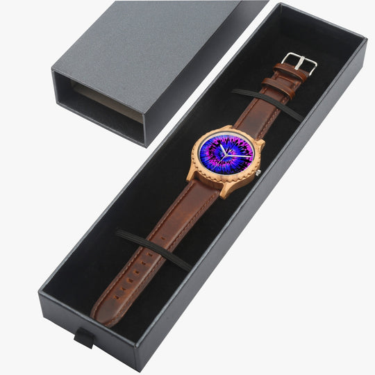 Ti Amo I love you - Exclusive Brand - Persian Blue & Heliotrope - Tie-Dye - Unisex Designer Italian Olive Wood Watch - Leather Strap
