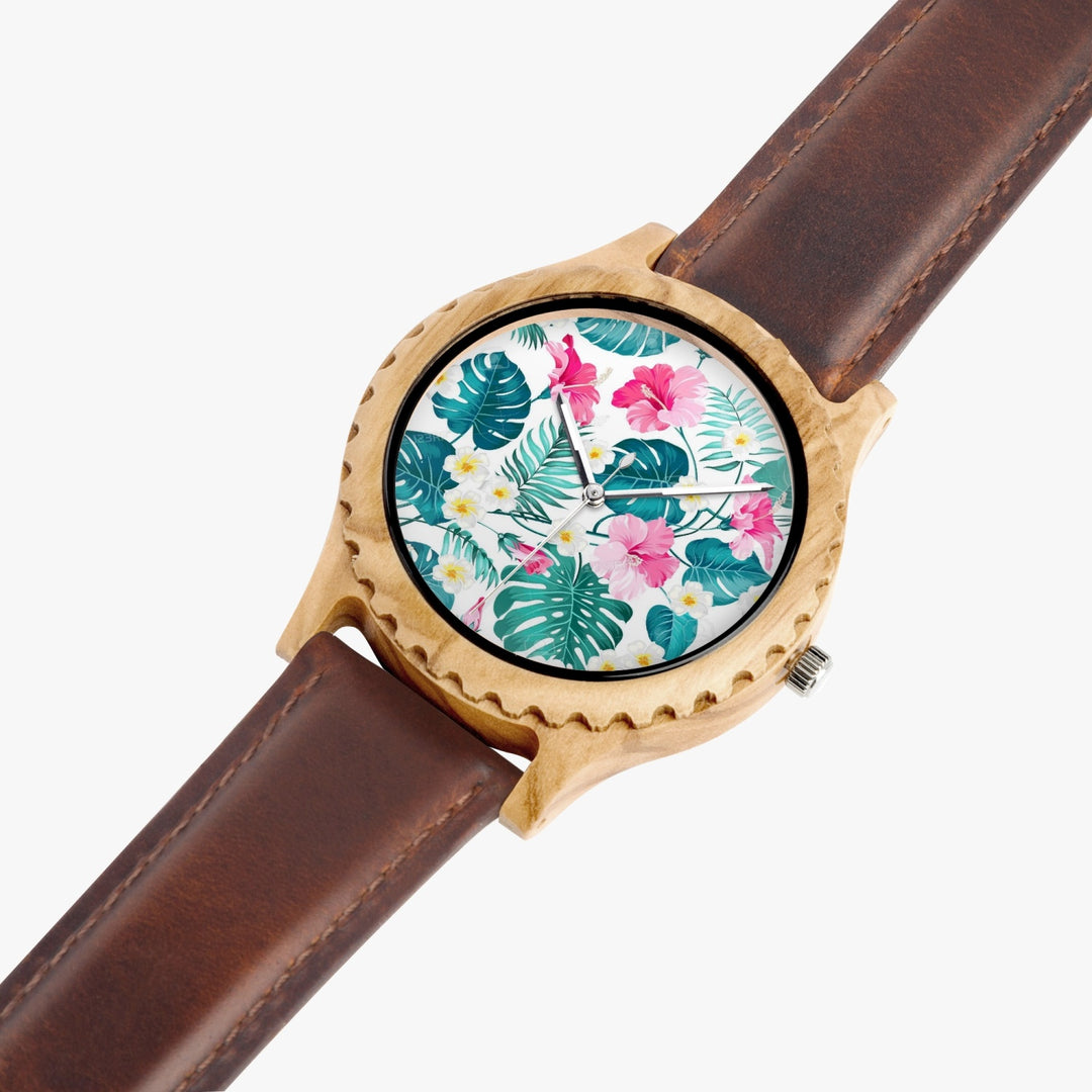 Ti Amo I love you - Exclusive Brand - Monstera Leaf - Womens Designer Italian Olive Wood Watch - Leather Strap
