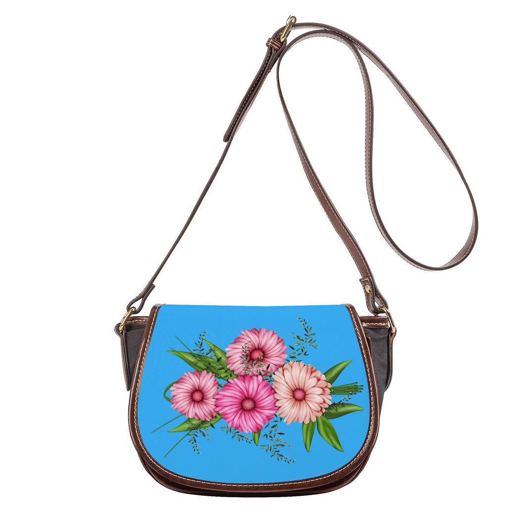 Ti Amo I love you - Exclusive Brand - Medium Cyan Blue - Pink Floral - Saddle Bag