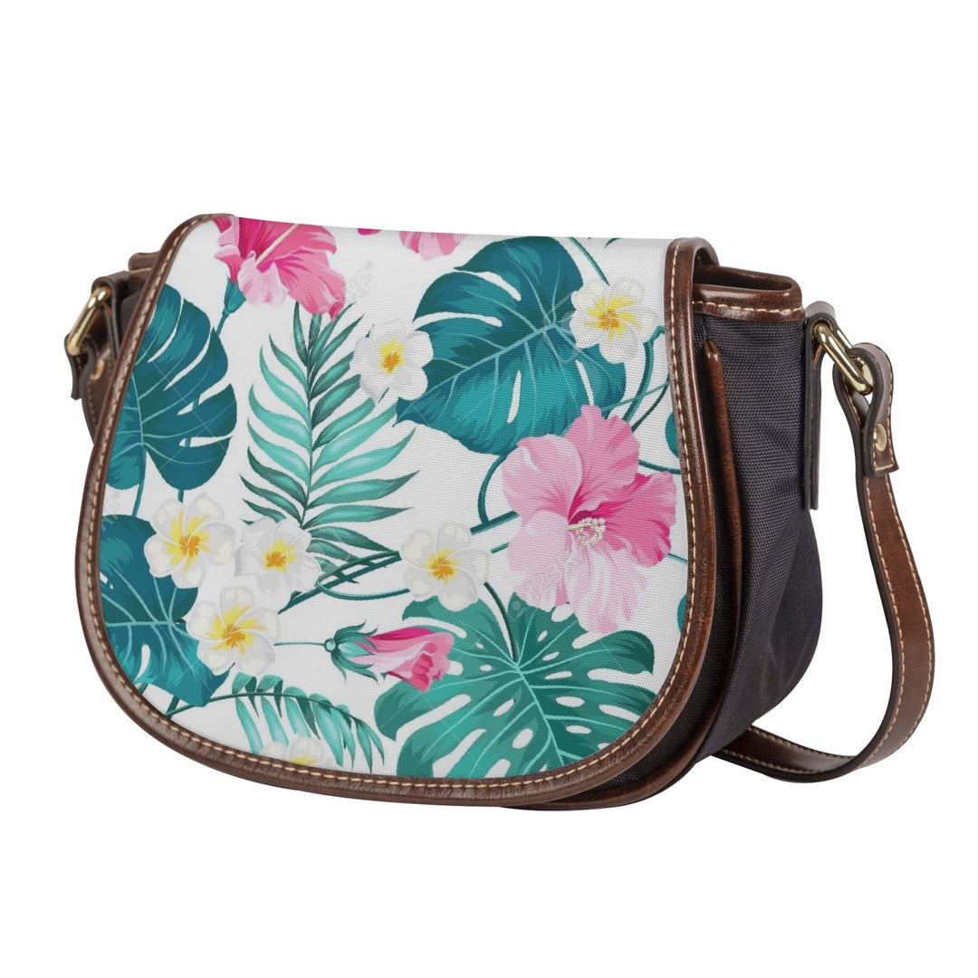 Ti Amo I love you - Exclusive Brand - Tropical Flower & Leaf - PU Leather Flap Saddle Bag