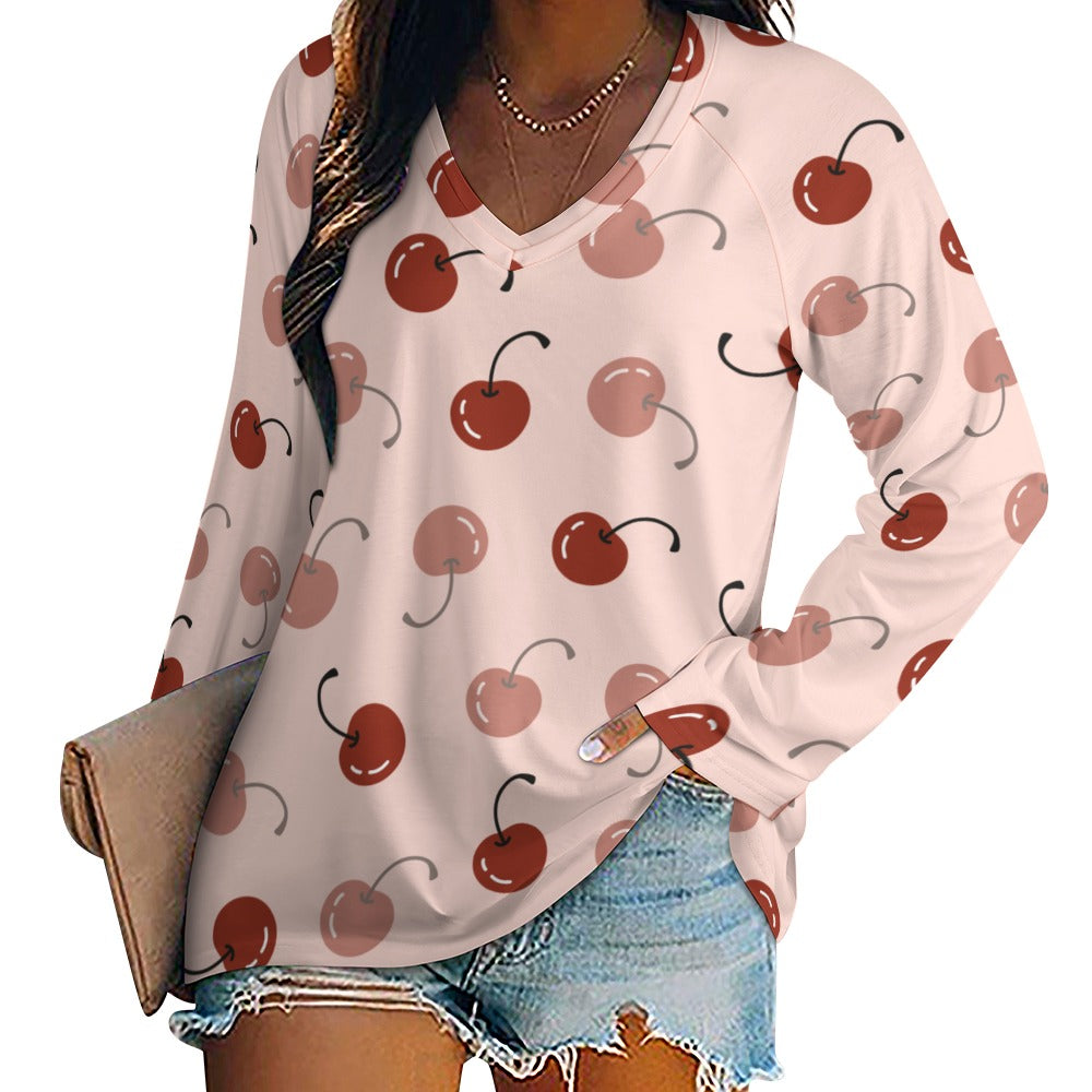 Ti Amo I love you - Exclusive Brand - Pink Cherries - Women's Long Sleeve Loose Tee - Sizes S-5XL