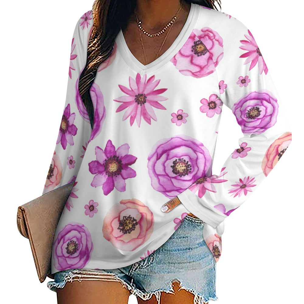 Ti Amo I love you - Exclusive Brand - Smoke White Floral Pattern - Women's Long Sleeve Loose Tee - Sizes S-5XL