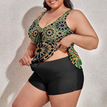 Load image into Gallery viewer, Ti Amo I love you - Exclusive Brand - Chalet Green 2, Bourbon &amp; Black Geometrical Pattern - Women&#39;s Plus Size Split 2pc Swimsuit - Sizes XL-6XL
