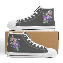 Load image into Gallery viewer, Ti Amo I love you  - Exclusive Brand - Dark Gray with Pink &amp; Purple Flowers High-Top Canvas Shoes - White
