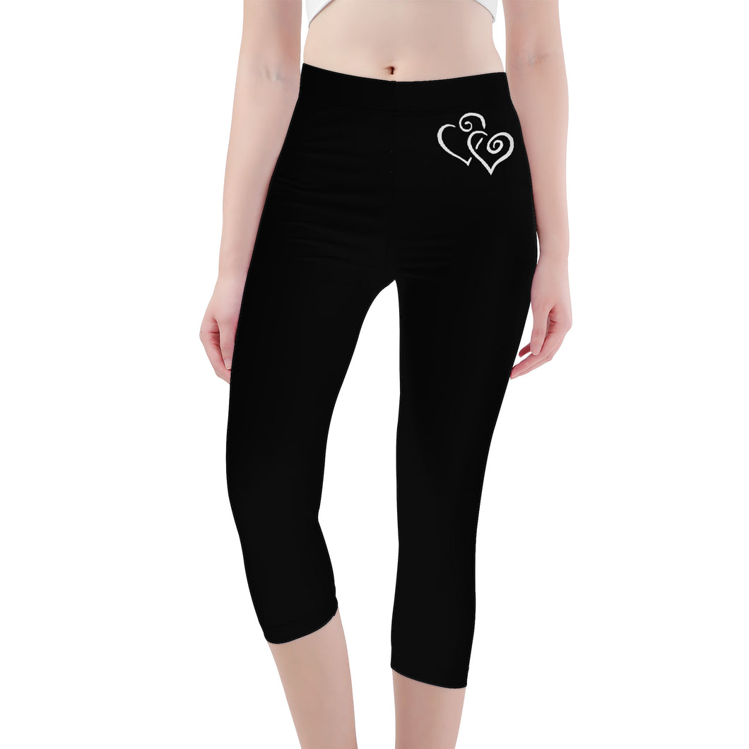 Ti Amo I love you - Exclusive Brand - Black - Double White Heart - Womens / Teen Girls / Womens Plus Size - Capri Yoga Leggings - Sizes XS-3XL