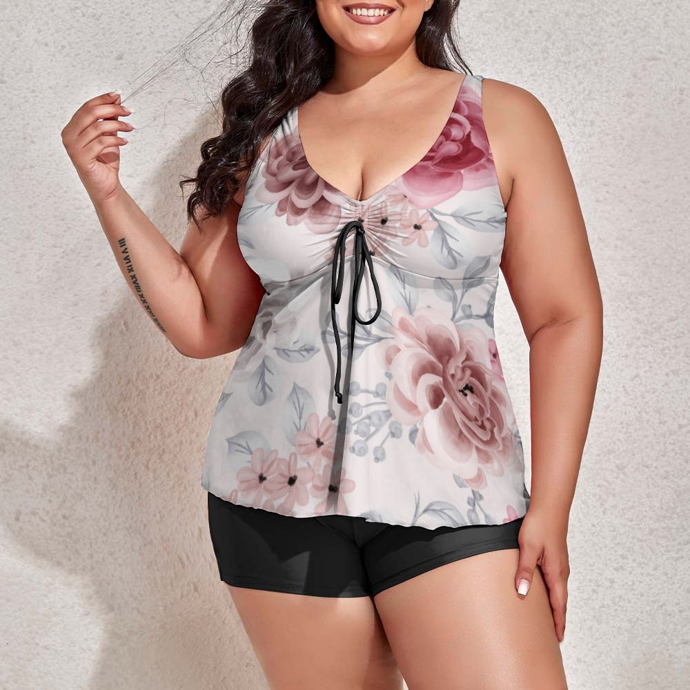Ti Amo I love you - Exclusive Brand - Iron 2, Stiletto 2, Old Rose & Tapestry Floral - Women's Plus Size Drawstring 2pc Swimsuit