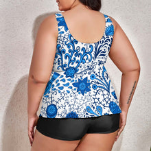 Load image into Gallery viewer, Ti Amo I love you - Exclusive Brand  - White with Picton Blue 2 &amp; Fun Blue Floral - Women&#39;s  Plus Size - 2pc Split Swimsuit - Sizes XL-6XL
