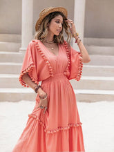 Load image into Gallery viewer, Tassel Trim Smocked V-Neck Short Sleeve Dress
