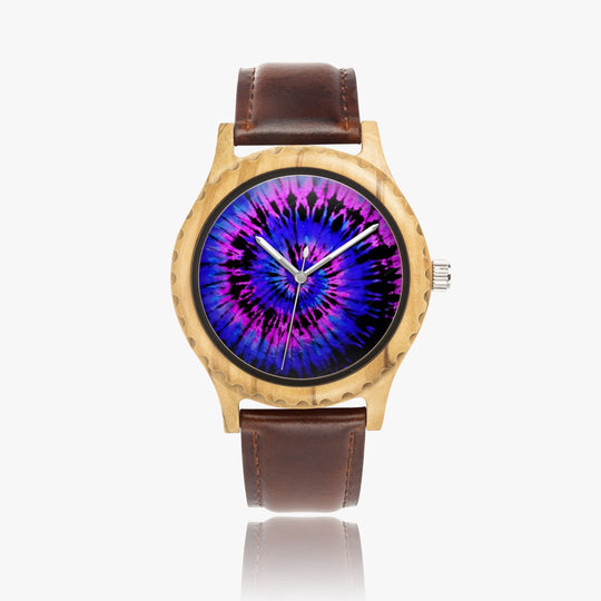 Ti Amo I love you - Exclusive Brand - Persian Blue & Heliotrope - Tie-Dye - Unisex Designer Italian Olive Wood Watch - Leather Strap 45mm Brown