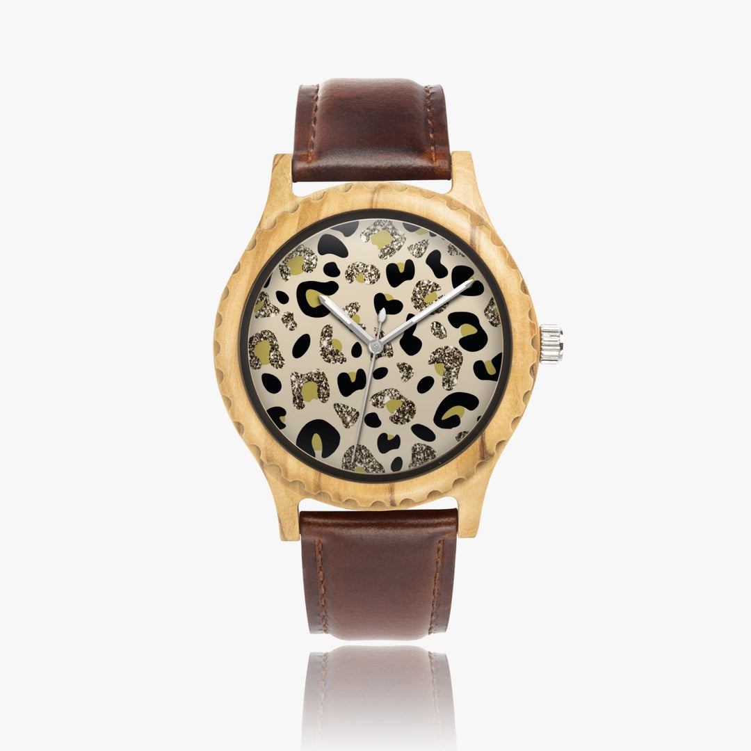 Ti Amo I love you - Exclusive Brand - Glitter Animal Print - Womens Designer Italian Olive Wood Watch - Leather Strap 45mm Brown