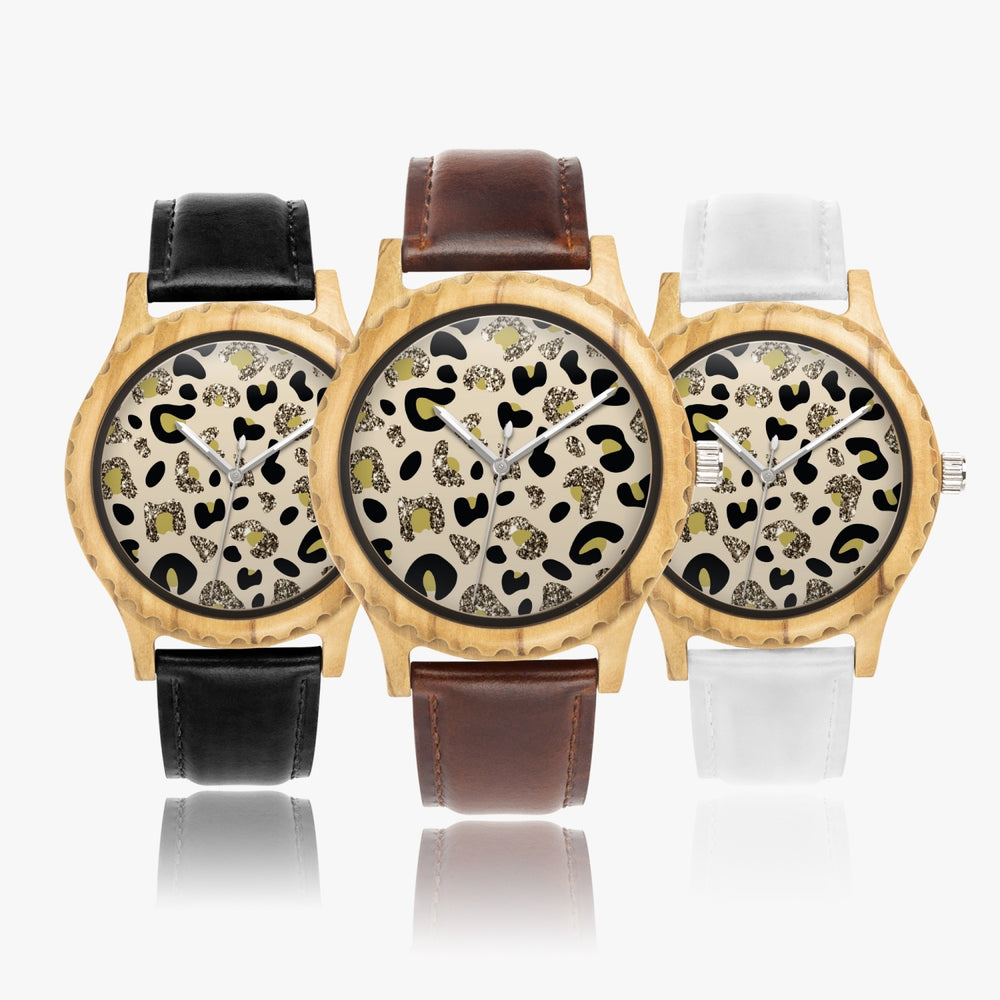 Ti Amo I love you - Exclusive Brand - Glitter Animal Print - Womens Designer Italian Olive Wood Watch - Leather Strap 45mm Black
